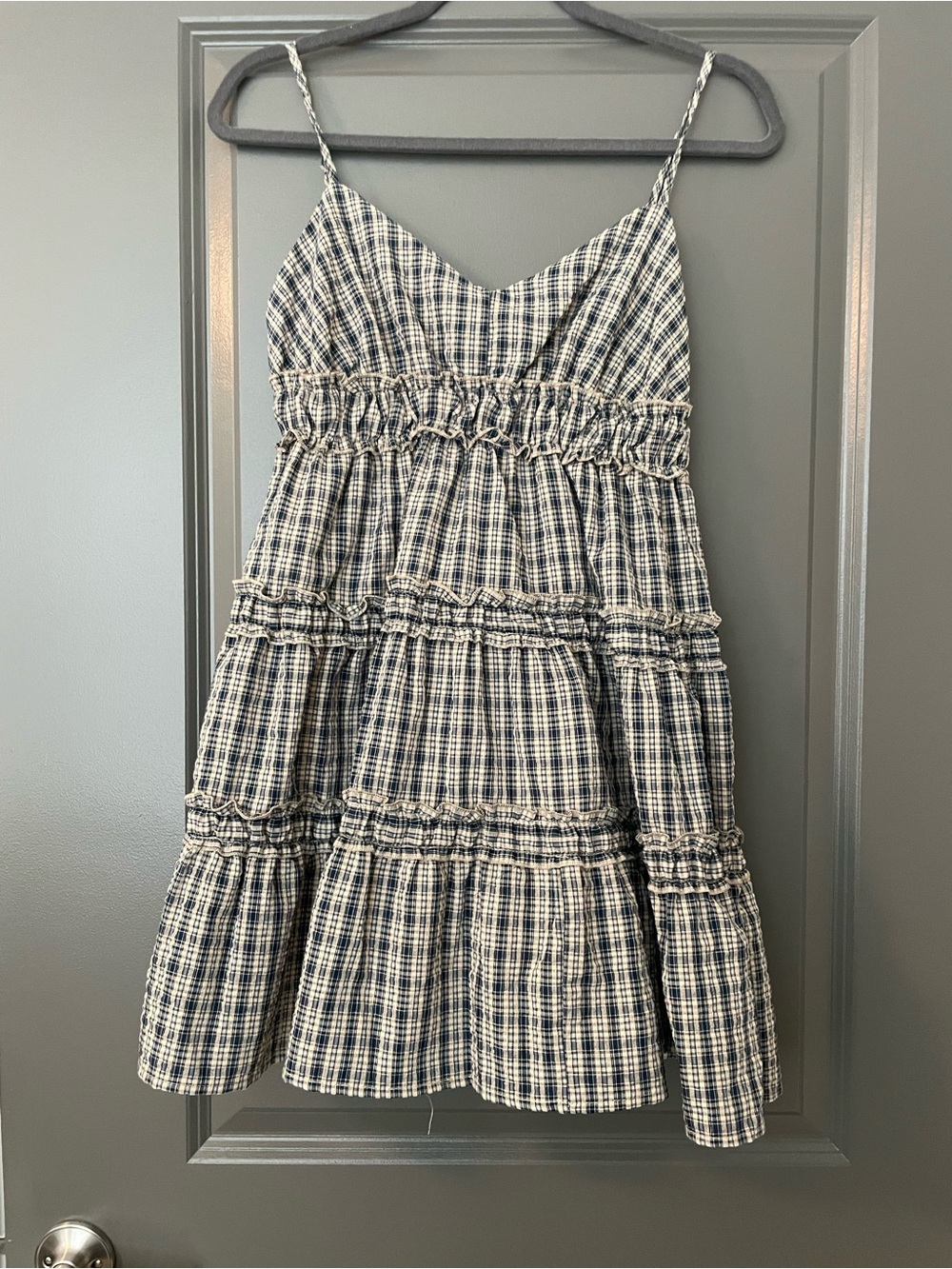Altar'd State Navy & Cream Tiered Plaid Spaghetti-Strap Mini Dress